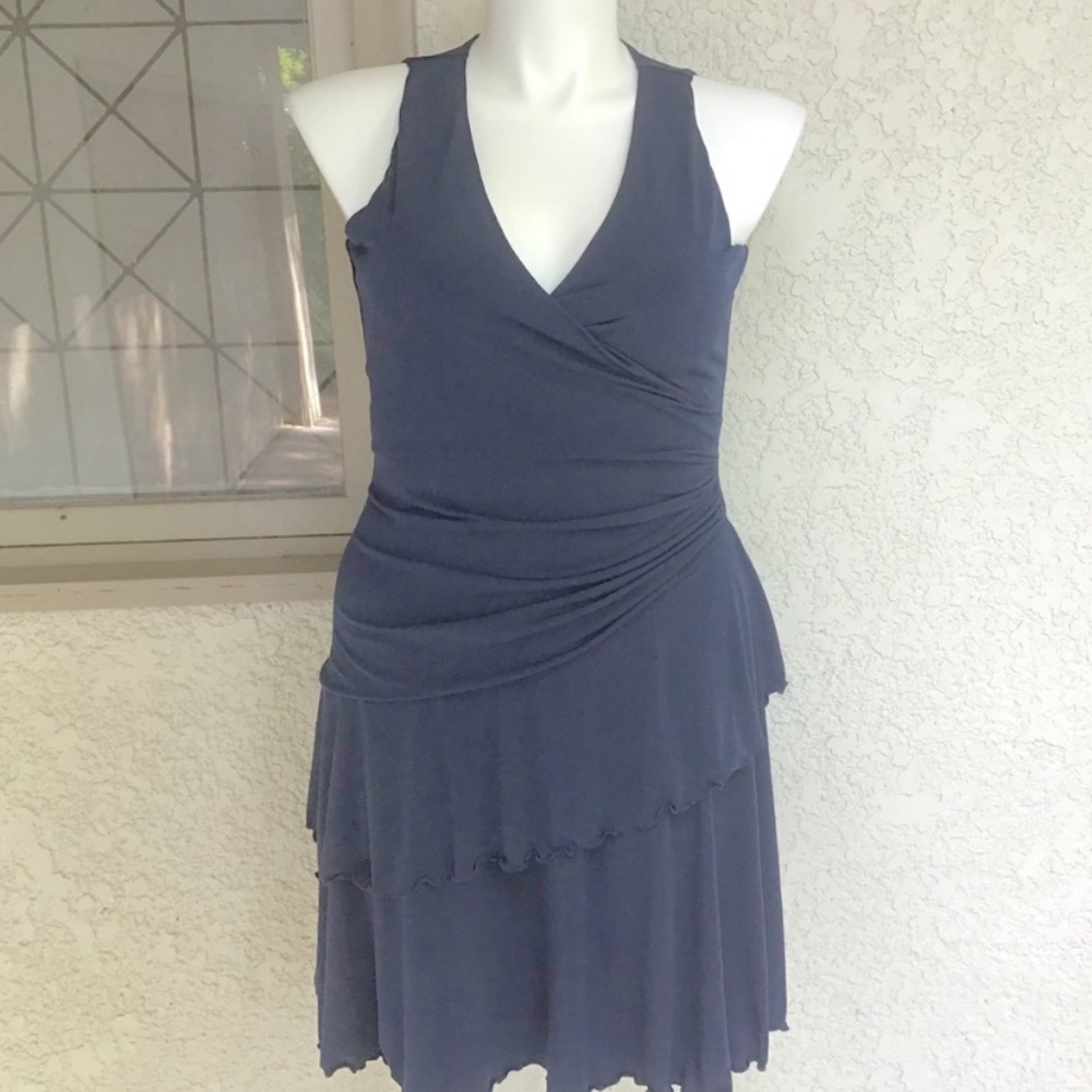 Carmen Marc Valvo Luxe Dress Navy Blue Ruching - Picture 3 of 15